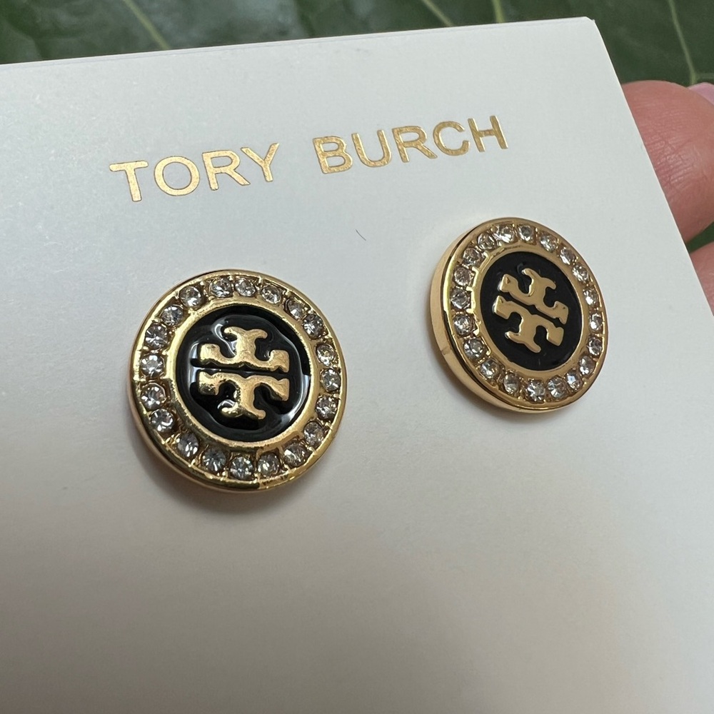 Tory Burch Black and Gold Crystal Stud Earrings